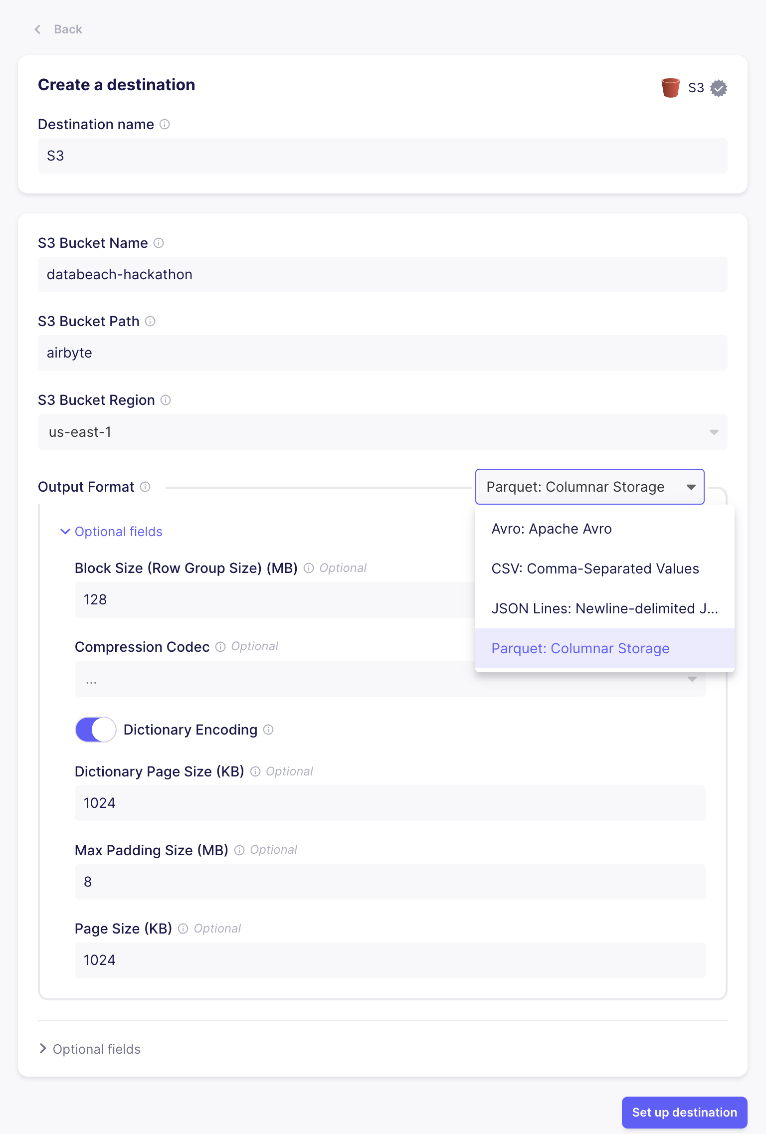 creating the s3 destination